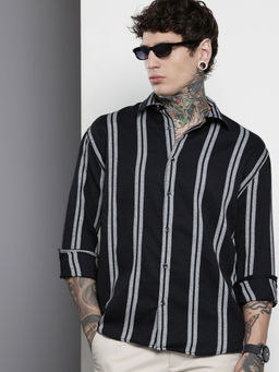 The Indian Garage Co - Men Relaxed Fit Black Striped Full Sleeves Cutaway Collar Shirt