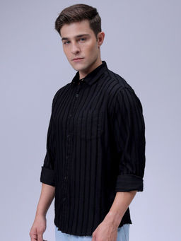 The Indian Garage Co - Men Slim Fit Black Stripes Full Sleeves Cutaway Collar Casual Shirt