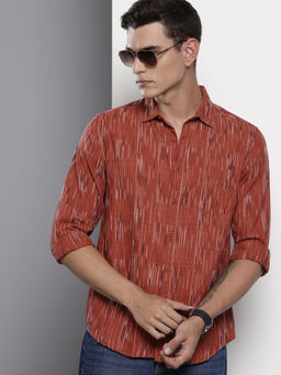 The Indian Garage Co - Men Slim Fit Rust Striped Full Sleeves Cutaway Collar Shirt