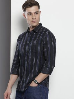 The Indian Garage Co - Men Slim Fit Black Striped Full Sleeves Cutaway Collar Shirt