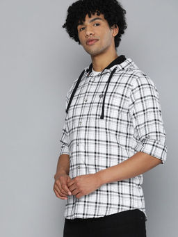 The Indian Garage Co - Men Slim Fit White Checkered Full Sleeves Hooded Casual Shirt