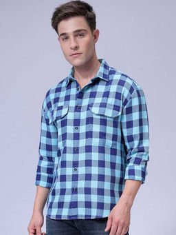 The Indian Garage Co - Men Relaxed Fit Blue Checkered Full Sleeves Cutaway Collar Shirt