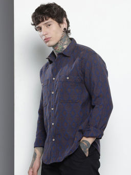 The Indian Garage Co - Men Relaxed Fit Navy Blue Textured Full Sleeves Cutaway Collar Shirt