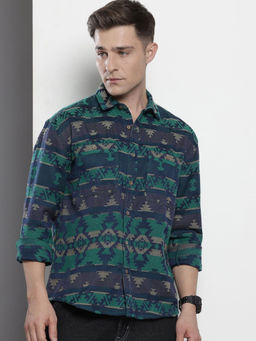 The Indian Garage Co - Men Relaxed Fit Green Textured Full Sleeves Cutaway Collar Shirt