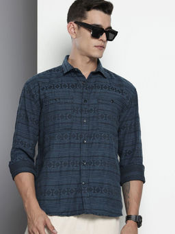 The Indian Garage Co - Men Relaxed Fit Navy Blue Textured Full Sleeves Cutaway Collar Shirt