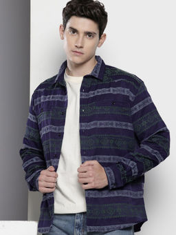 The Indian Garage Co - Men Relaxed Fit Navy Blue Textured Full Sleeves Cutaway Collar Shirt