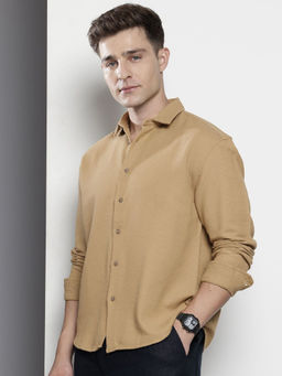 The Indian Garage Co - Men Relaxed Fit Khaki Textured Full Sleeves Collar Shirt