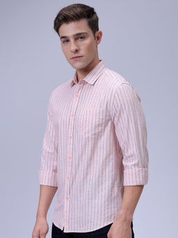 The Indian Garage Co - Men Slim Fit Pink Striped Full Sleeves Cutaway Collar Casual Shirt