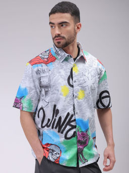 The Indian Garage Co - Men Boxy Fit Grey Character Printed Half Sleeves Cutaway Collar Shirt