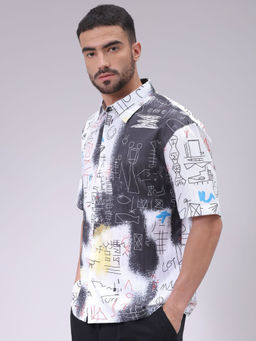The Indian Garage Co - Men Boxy Fit White Kidult Printed Half Sleeves Cutaway Collar Shirt