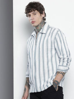 The Indian Garage Co - Men Relaxed Fit Green Striped Full Sleeves Cutaway Collar Shirt