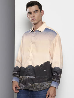 The Indian Garage Co - Men Oversized Fit Beige Metaverse Printed Full Sleeves Cuban Collar Shirt