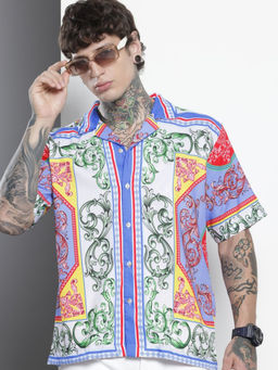 The Indian Garage Co - Men Oversized Fit Multi-Color Printed Half Sleeves Cuban Collar Shirt