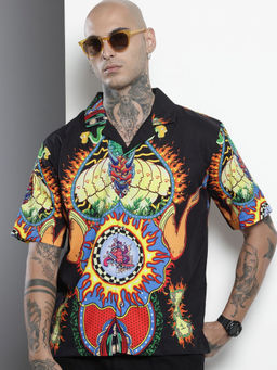 The Indian Garage Co - Men Oversized Fit Black Kitch Printed Half Sleeves Cuban Collar Shirt