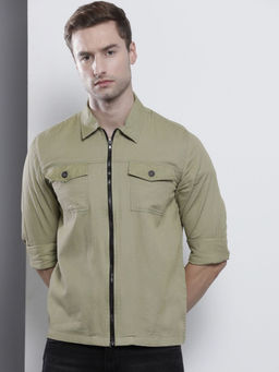 The Indian Garage Co - Men Slim Fit Green Solid Full Sleeves Cutaway Collar Shirt