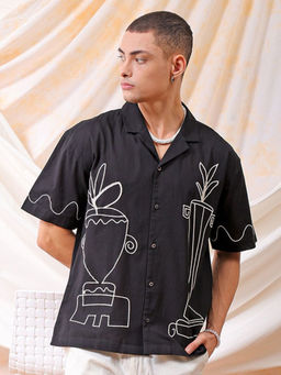 The Indian Garage Co - Men Relaxed Fit Black Embroidered Half Sleeves Cuban Collar Shirt