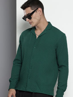 The Indian Garage Co - Men Relaxed Fit Green Textured Full Sleeves Cuban Collar Shirt