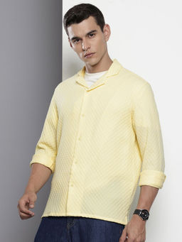 The Indian Garage Co - Men Relaxed Fit Yellow Textured Full Sleeves Cuban Collar Shirt