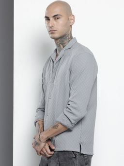 The Indian Garage Co - Men Relaxed Fit Grey Textured Full Sleeves Cuban Collar Shirt