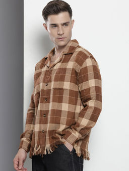 The Indian Garage Co - Men Relaxed Fit Brown Checked Full Sleeves Cuban Collar Shirt