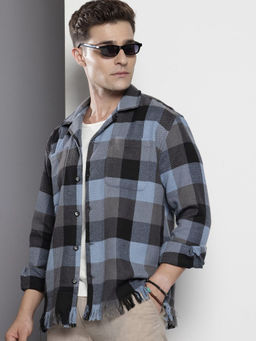 The Indian Garage Co - Men Relaxed Fit Blue Checked Full Sleeves Cuban Collar Shirt