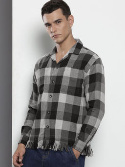 The Indian Garage Co - Men Relaxed Fit Grey Checked Full Sleeves Cuban Collar Shirt