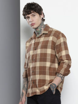 The Indian Garage Co - Men Relaxed Fit Brown Checked Full Sleeves Cutaway Collar Shirt