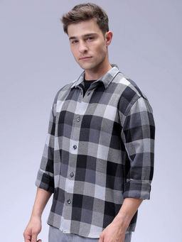 The Indian Garage Co - Men Relaxed Fit Grey Checked Full Sleeves Cutaway Collar Shirt