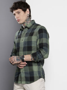 The Indian Garage Co - Men Slim Fit Green Checked Full Sleeves Cutaway Collar Shirt