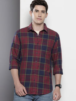 The Indian Garage Co - Men Slim Fit Maroon Checked Full Sleeves Cutaway Collar Shirt