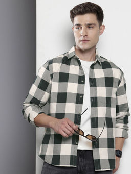 The Indian Garage Co - Men Slim Fit Green Checked Full Sleeves Cutaway Collar Shirt