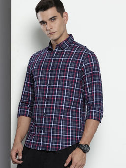 The Indian Garage Co - Men Slim Fit Navy Blue Checked Full Sleeves Cutaway Collar Shirt