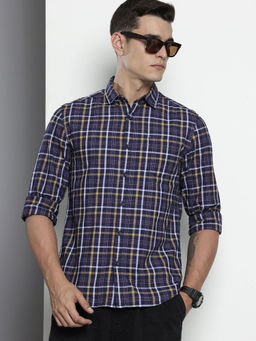 The Indian Garage Co - Men Slim Fit Navy Blue Checked Full Sleeves Cutaway Collar Shirt