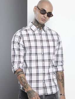 The Indian Garage Co - Men Slim Fit White Checked Full Sleeves Cutaway Collar Shirt