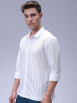 The Indian Garage Co - Men Relaxed Fit White Self Design Full Sleeves Cuban Collar Shirt