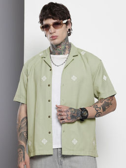 The Indian Garage Co - Men Relaxed Fit Green Embroidered Half Sleeves Cuban Collar Shirt