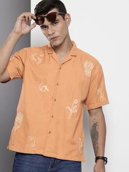 The Indian Garage Co - Men Relaxed Fit Orange Embroidered Half Sleeves Cuban Collar Shirt