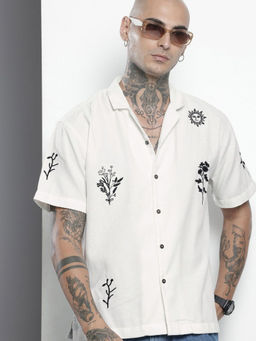 The Indian Garage Co - Men Relaxed Fit White Embroidered Half Sleeves Cuban Collar Shirt