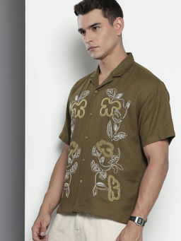 The Indian Garage Co - Men Relaxed Fit Olive Embroidered Half Sleeves Cuban Collar Shirt