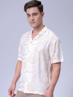 The Indian Garage Co - Men Relaxed Fit White Placement Embroidered Cuban Collar Shirt