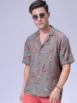 The Indian Garage Co - Men Relaxed Fit Green Placement Embroidered Cuban Collar Shirt