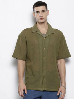 The Indian Garage Co - Men Relaxed Fit Olive Self Design Half Sleeves Cuban Collar Shirt