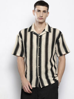 The Indian Garage Co - Men Relaxed Fit Black Self Design Half Sleeves Cuban Collar Shirt