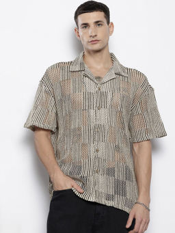 The Indian Garage Co - Men Relaxed Fit White Self Design Half Sleeves Cuban Collar Shirt