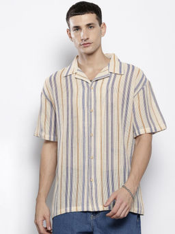 The Indian Garage Co - Men Relaxed Fit Beige Self Design Half Sleeves Cuban Collar Shirt