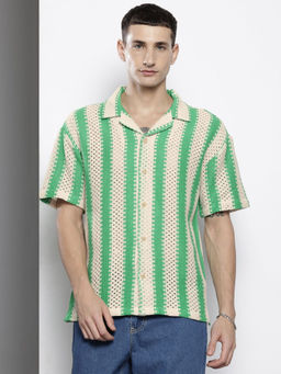 The Indian Garage Co - Men Relaxed Fit Green Self Design Half Sleeves Cuban Collar Shirt