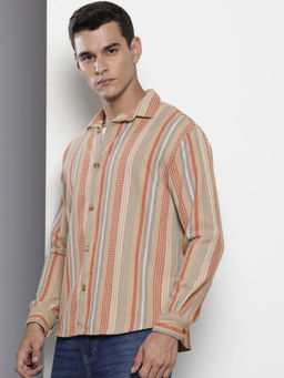 The Indian Garage Co - Men Relaxed Fit Brown Striped Full Sleeves Cutaway Collar Shirt