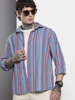The Indian Garage Co - Men Relaxed Fit Blue Striped Full Sleeves Cutaway Collar Shirt