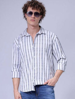 The Indian Garage Co - Men Relaxed Fit White Stripes Full Sleeves Cutaway Collar Shirt