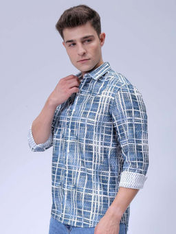 The Indian Garage Co - Men Relaxed Fit Blue Checked Full Sleeves Cutaway Collar Shirt